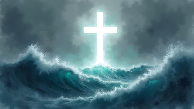 A luminous white cross over a stormy sea, symbolizing hope and salvation in watercolor grays and turquoise. Dramatic yet peaceful.