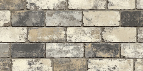 Fototapeta premium An old, worn brick wall made of weathered white and gray bricks has a continuous, repetitive pattern,