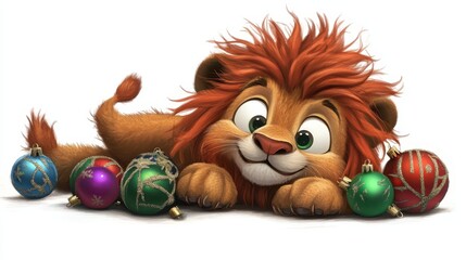 Obraz premium Playful Red Lion Cub with Colorful Christmas Ornaments on White Background