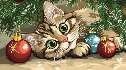 Playful Tabby Kitten Amongst Christmas Ornaments