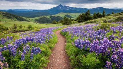 Vibrant Pathway Through Purple Flowers on Scenic Mountain Landscape