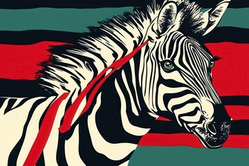 Striped Zebra Portrait Against Red And Green Background