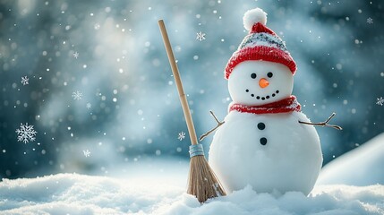 Fototapeta premium Snowman standing holding broom in snowy field, bokeh tree background, winter day
