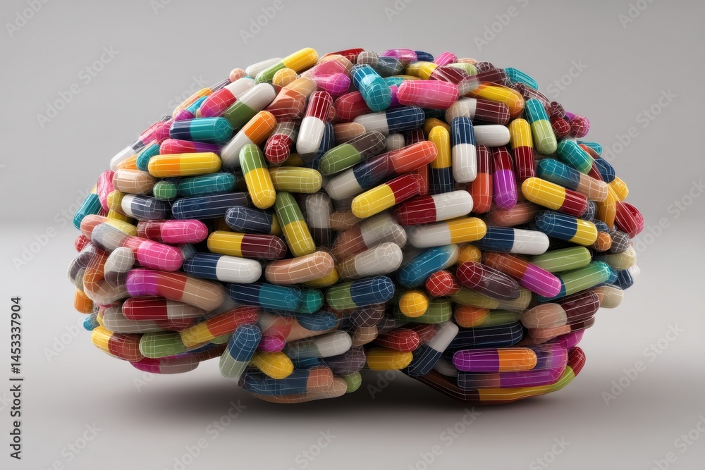 Poster colorful 3d render of a brain encapsulated in vibrant soft pill forms showcasing the intersection of