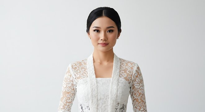 portrait of a woman  wearing kebaya traditional costume color white with bun hair be proud and beautifully