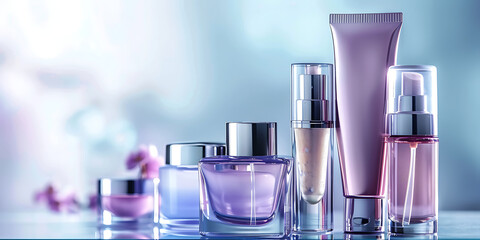 Elegant Beauty Products in Purple and Clear Glass Arranged on Soft Blurred Background

