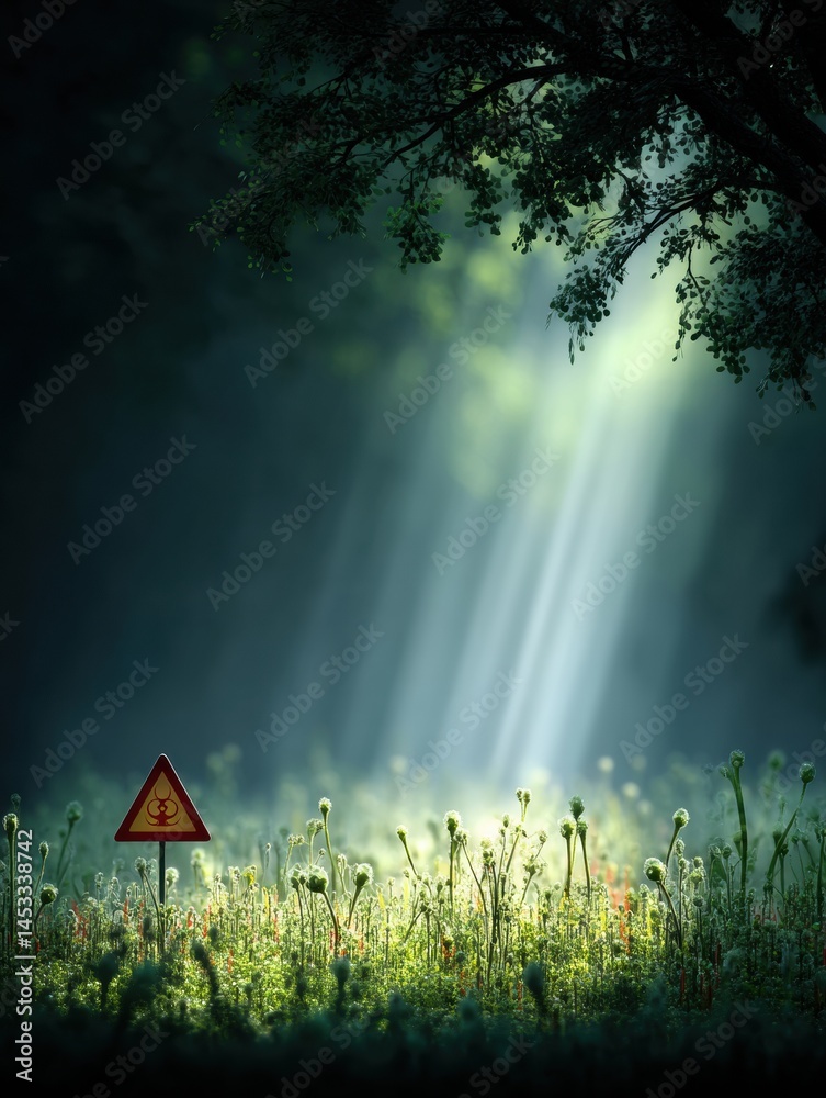 Poster dramatic emergence of biohazard sign from illuminated bacteria field in serene environment generativ
