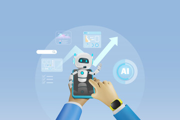 AI artificial intelligence robot on smartphone in businessman hand develop smart solution for business and financial data analysis. AI innovation technology as smart assistant in business development 