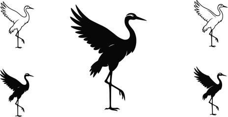 Fototapeta premium Silhouettes of cranes in various poses vector illustration black and white minimal design 