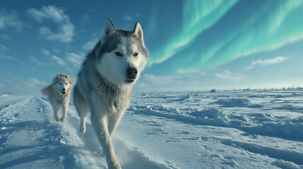 Fototapeta premium Majestic Arctic Wolf Running in Snowy Winter Landscape – Explore the Powerful Wildlife in Remote Siberian Nature