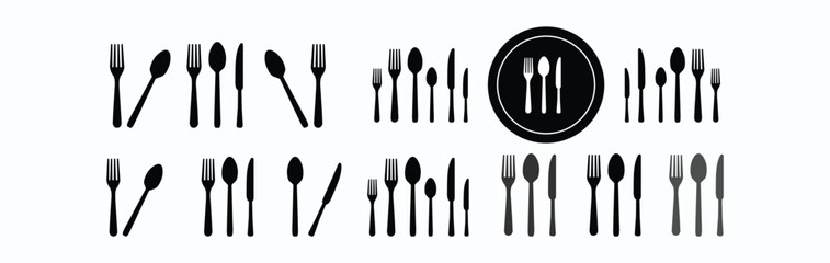  fork graphic design. Dinnerservice collection. Plate, fork and knife for apps and websites. Dinner service - stock vector.