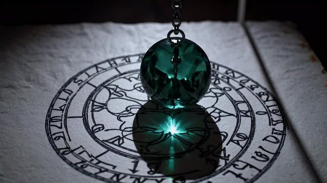 mystical green crystal pendulum swinging gently paper marked cryptic symbols numbers casting intriguing shadow