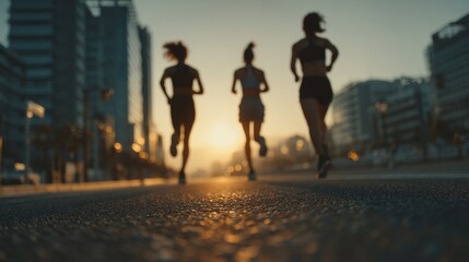 Obraz premium Three East Asian runners jogging together on a clean city street during golden hour, viewed from above with natural motion, soft light, minimalist outfits, and a calm cinematic atmosphere