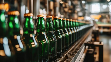 Conveyor Belt of Glass Bottles in a Factory