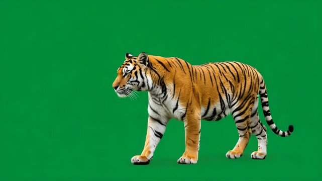 Tiger slowly walking seamlessly looped on green screen, real shot, isolated on chroma key, cinema, perfect for digital composition, 3d mapping