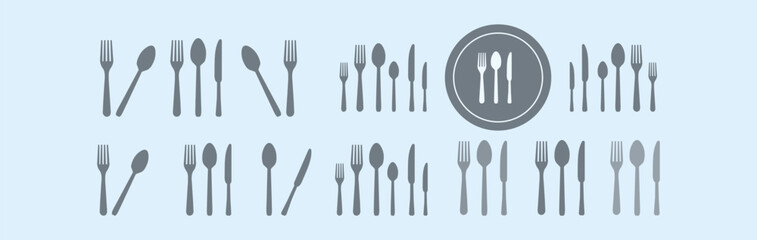  fork graphic design. Dinnerservice collection. Plate, fork and knife for apps and websites. Dinner service - stock vector.