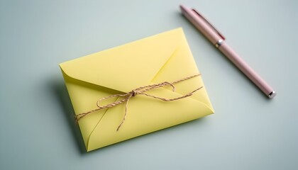 A pale yellow envelope tied with twine sits on a light green surface accompanied by a pink pen