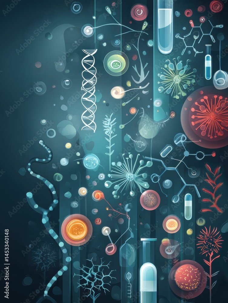 Poster vibrant abstract background showcases dna strands, bacteria icons, and pill graphics, merging elemen