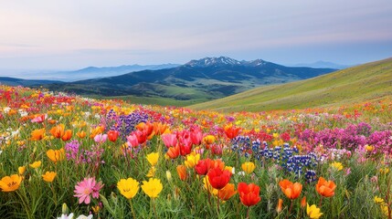 Obraz premium Colorful Wildflower Meadow with Mountains Under Soft Morning Light