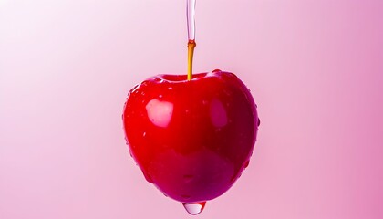 Obraz premium A single vibrant red cherry is suspended against a soft pink backdrop Water droplets cling to its surface and a thin