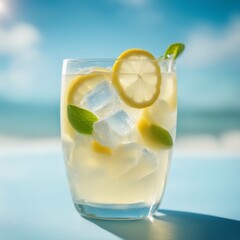 Close-up of a clear glass of lemonade with ice cubes and lemon slices, condensation on the glass, under bright summer sunlight, blue sky background with soft clouds, fresh and vibrant summer vibe.