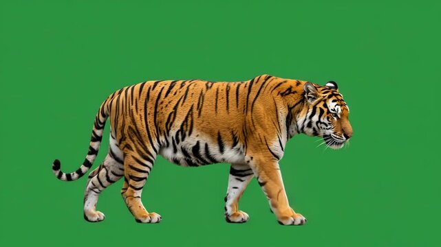 Tiger slowly walking seamlessly looped on green screen, real shot, isolated on chroma key, 4k video, 3d mapping, cinema, perfect for digital composition, 