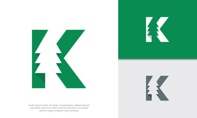 Letter K Pine Tree Logo. Modern and clean letter K logo featuring a negative space pine tree. Ideal for businesses related to nature, forestry, Christmas, or brands with the initial K seeking a unique
