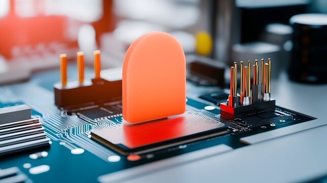 Abstract close-up of a circuit board with a vibrant orange component showcasing intricate details of electronic hardwar