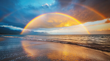 Breathtaking sunset over ocean with vibrant rainbow arching across sky, reflecting on water surface