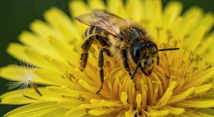 Close up of bee collecting pollen from yellow dandelion flower in spring garden nature photography