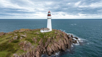 Majestic Lighthouse on Rocky Coastline under Dramatic Cloudy Sky