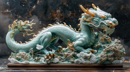 Obraz premium Detailed green dragon sculpture with golden accents on a dark background HD 8K wallpaper Photographic Image 