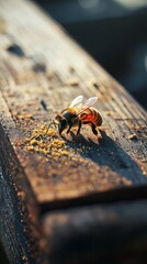 Obraz premium Honeybee foraging pollen on wood surface close up macro shot for apiculture and nature photography