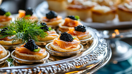Fototapeta premium ourmet appetizers smoked salmon black caviar blini