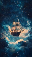 Fototapeta premium Dreamy Sailing Ship with White Sails Amidst Ethereal Clouds and Starry Sky