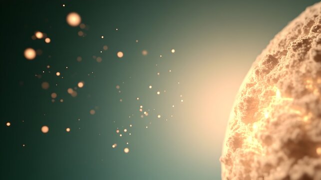 Glowing particles disperse from a bright textured sphere against a dark teal backdrop  The light source seems to emana