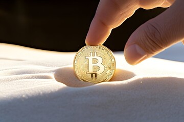 Golden cryptocurrency coin placed gently in sand by a hand  Sunlight highlights the scene