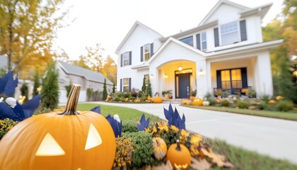 Illuminated jack-o'-lantern in focus before a charming, autumnal Halloween-decorated house
