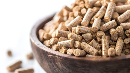 Close-Up View of Natural Feed Pellets in Wooden Bowl on White Surface