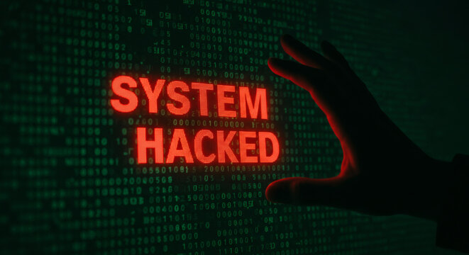 A dramatic representation of a cyber attack with the words "SYSTEM HACKED" illuminated in red against a backdrop of binary code. - Powered by Adobe