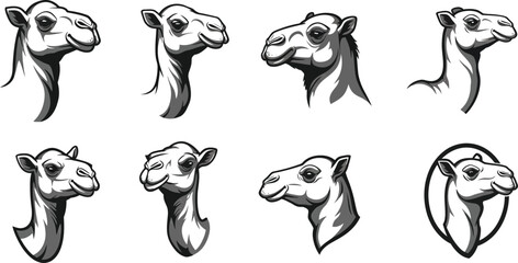 Obraz premium Camel head vector illustrations with black and brown outlines in various styles and expressions for design and decoration purposes 
