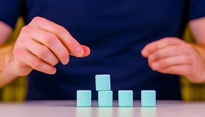 Person carefully placing a light blue cube atop a row of similar cubes on a white surface