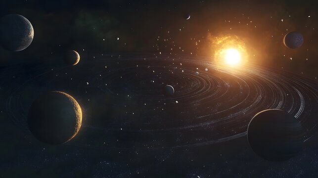 Solar System with Dwarf Planets: The solar system including dwarf planets like Pluto and Eris, with their distant orbits captured in the scene. 

