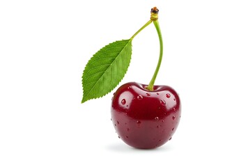 A single cherry with a leaf and stem isolated on a white background with water droplets on the skin