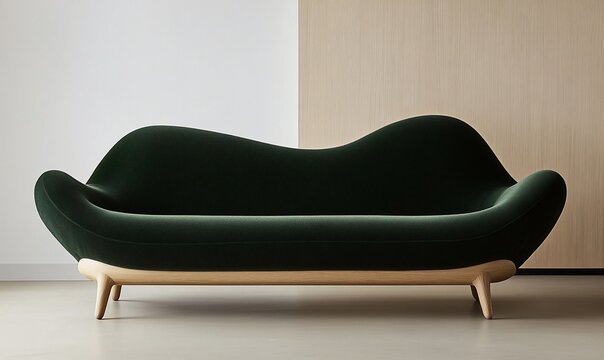 Dark green,  organic couch with light wood legs.  Modern, comfortable, and sculptural