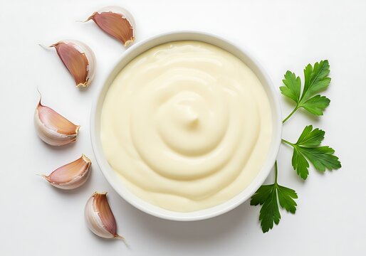 A top view of a bowl of aioli with garlic cloves and parsley sprig on a white surface around the bowl