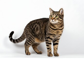 Obraz premium A tabby cat standing on a white background looking to the side with its tail curled up slightly