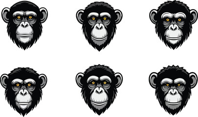 Fototapeta premium Chimpanzee head detailed vector illustrations showing different facial expressions natural style 