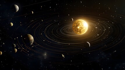Obraz premium Solar System from Above: A top-down view of the solar system, showing the elliptical orbits of each planet around the sun. 