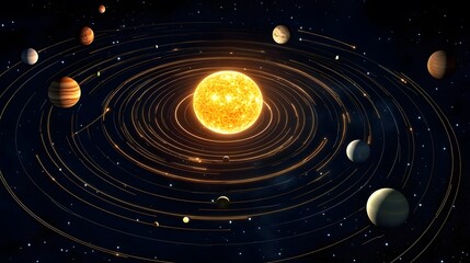 Obraz premium Solar System from Above: A top-down view of the solar system, showing the elliptical orbits of each planet around the sun. 